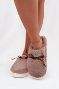 chaussons bottine femme fourrure fausse taupe rosé pelucheux montante bout rond maintien suédine lacets décoratifs doublure moelleuse semelle épaisse confort
