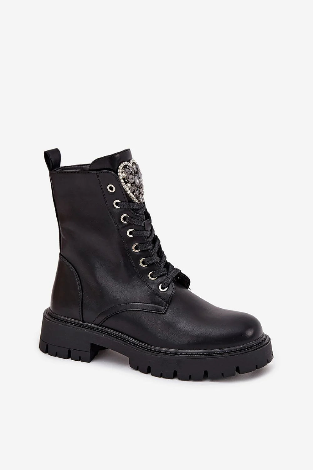 bottines femme cuir écologique doublure fourrure synthétique cheville lacets fermeture éclair latérale plateforme crantée semelle antidérapante noir cœur strass