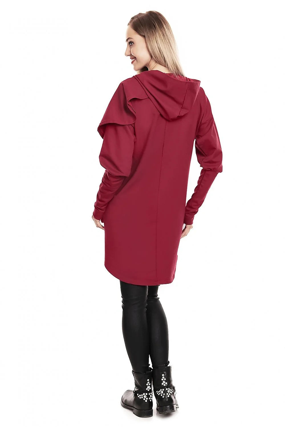 Sweatshirt de grossesse asymétrique à capuche en coton rouge profond, manches longues, coupe semi-ajustée pour femmes enceintes