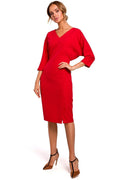 robe fourreau rouge élégante ajustée slim crayon midi taillemarquée encolureV manches34 tissucrêpe stretch fenteavant confort cocktail soirée bureau sophistiquée glamour