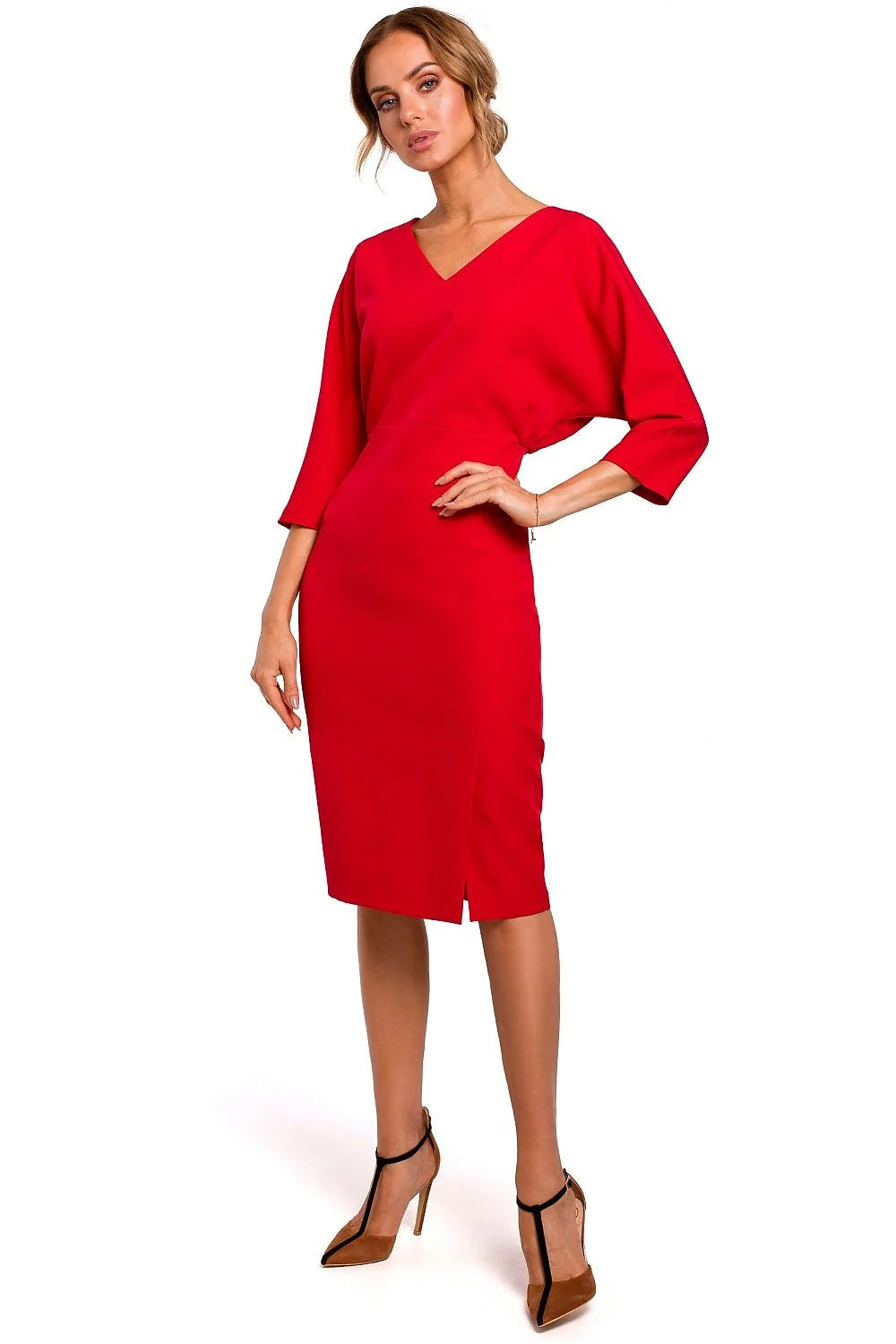 robe fourreau rouge élégante ajustée slim crayon midi taillemarquée encolureV manches34 tissucrêpe stretch fenteavant confort cocktail soirée bureau sophistiquée glamour