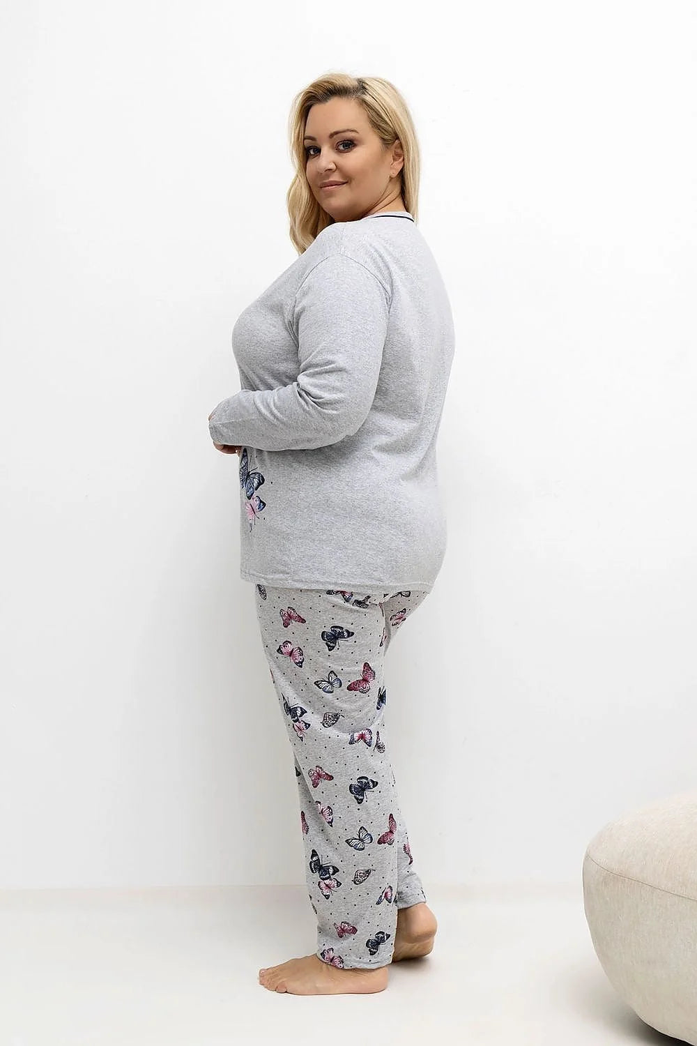 pyjama femme grande taille ensemble deux pièces haut boutonné col rond manches longues pantalon imprimé papillons pois coton doux confortable