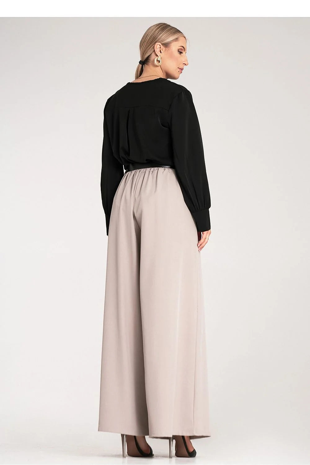 Pantalon femme Figl élégant style palazzo ceinture noire tissu délicat taille haute élastique jambes larges poches latérales Polyester 95% Élasthanne 5%