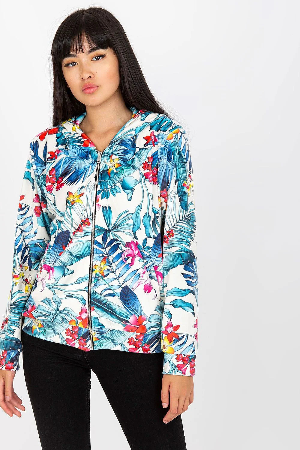 Veste femme design floral tropical multicolore capuche fermeture éclair matériau léger