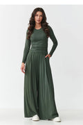 ensemble femme viscose élasthanne fluide palazzo pantalon taille haute élastiquée blouse ajustée col rond manches longues plis subtils poches latérales