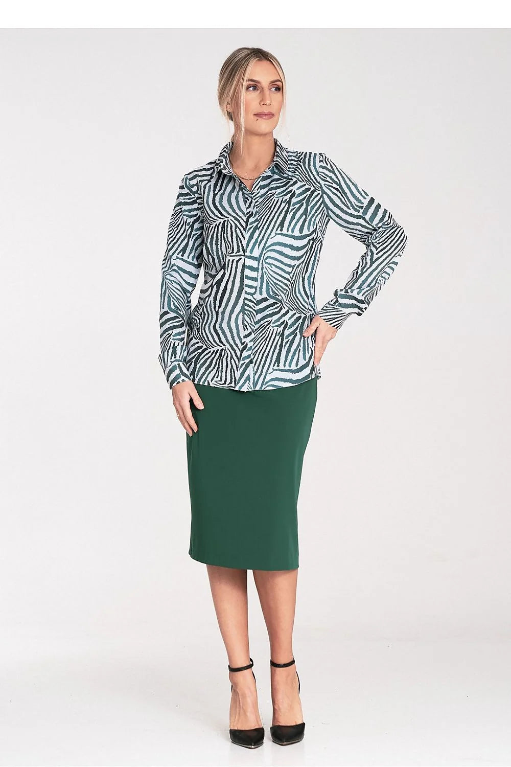 Chemise manche longue Figl zébrée vert blanc polyester elastane taille ajustable femme style moderne