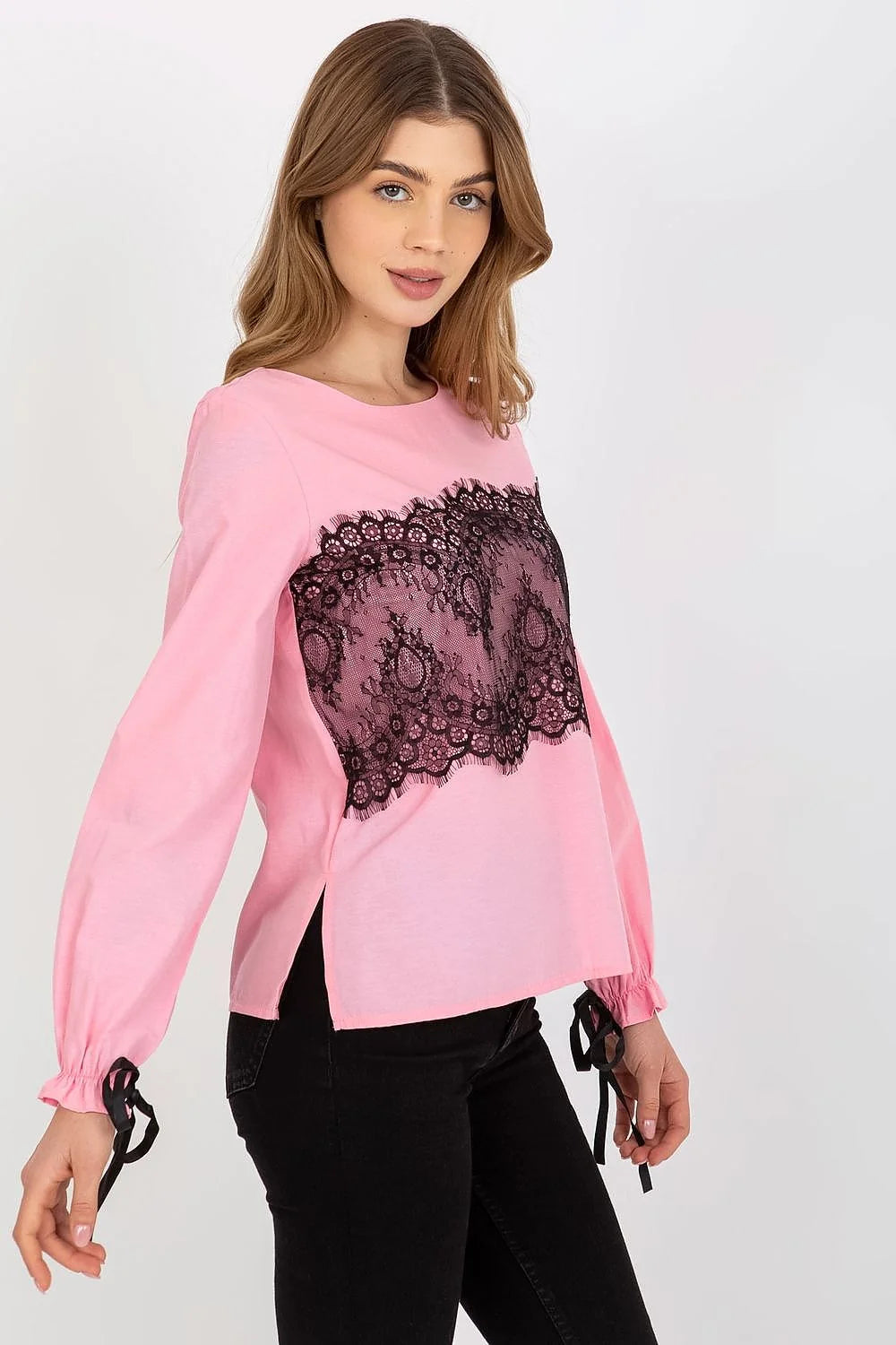 Chemisier Lakerta élégant pour femme manches longues dentelle noire rubans poignets tissu coton 100 % ajusté silhouette