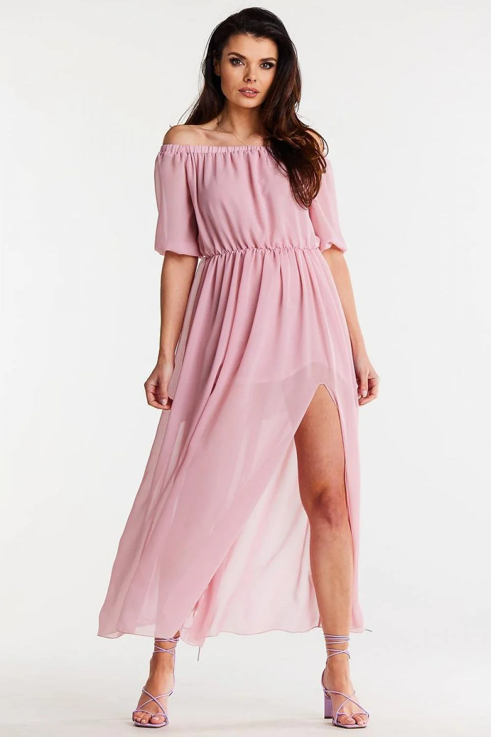 Robe de jour élégante longue manches courtes en mousseline rose pastel Bardot encolure élastique taille ajustable pour femme