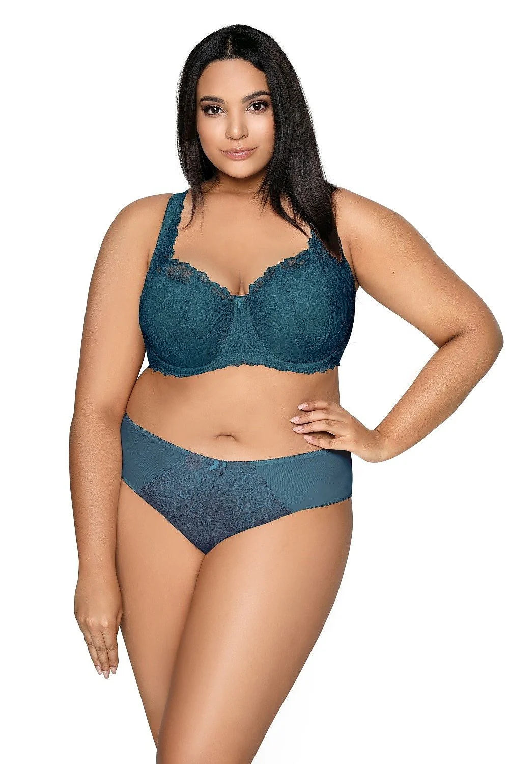 Soutien-gorge féminin full cup dentelle bleu canard floral grandes tailles bretelles larges ajustables soutien optimal