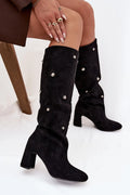 bottes hautes femme suédine noire tige froncée clous argentés talon carré moyen 8cm bout arrondi fourrure doublée
