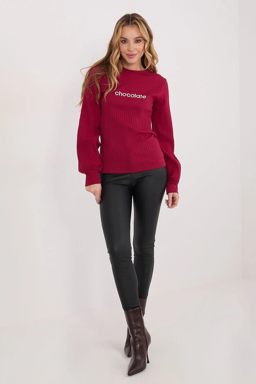 chemisier femme décontracté rayures larges coton stretch broderie logo imprimé blanc bordeaux col rond manches longues bouffantes poignets resserrés ajustée