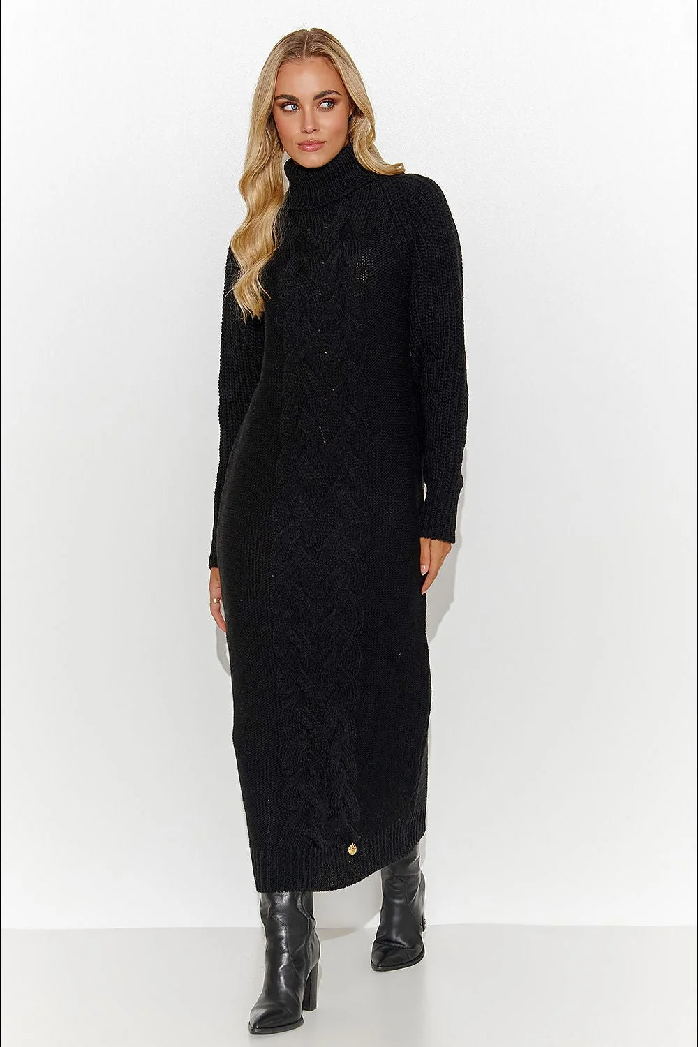 Robe pull longue maille tricotée femme noire col roulé manches longues motif torsadé ceinture dorée