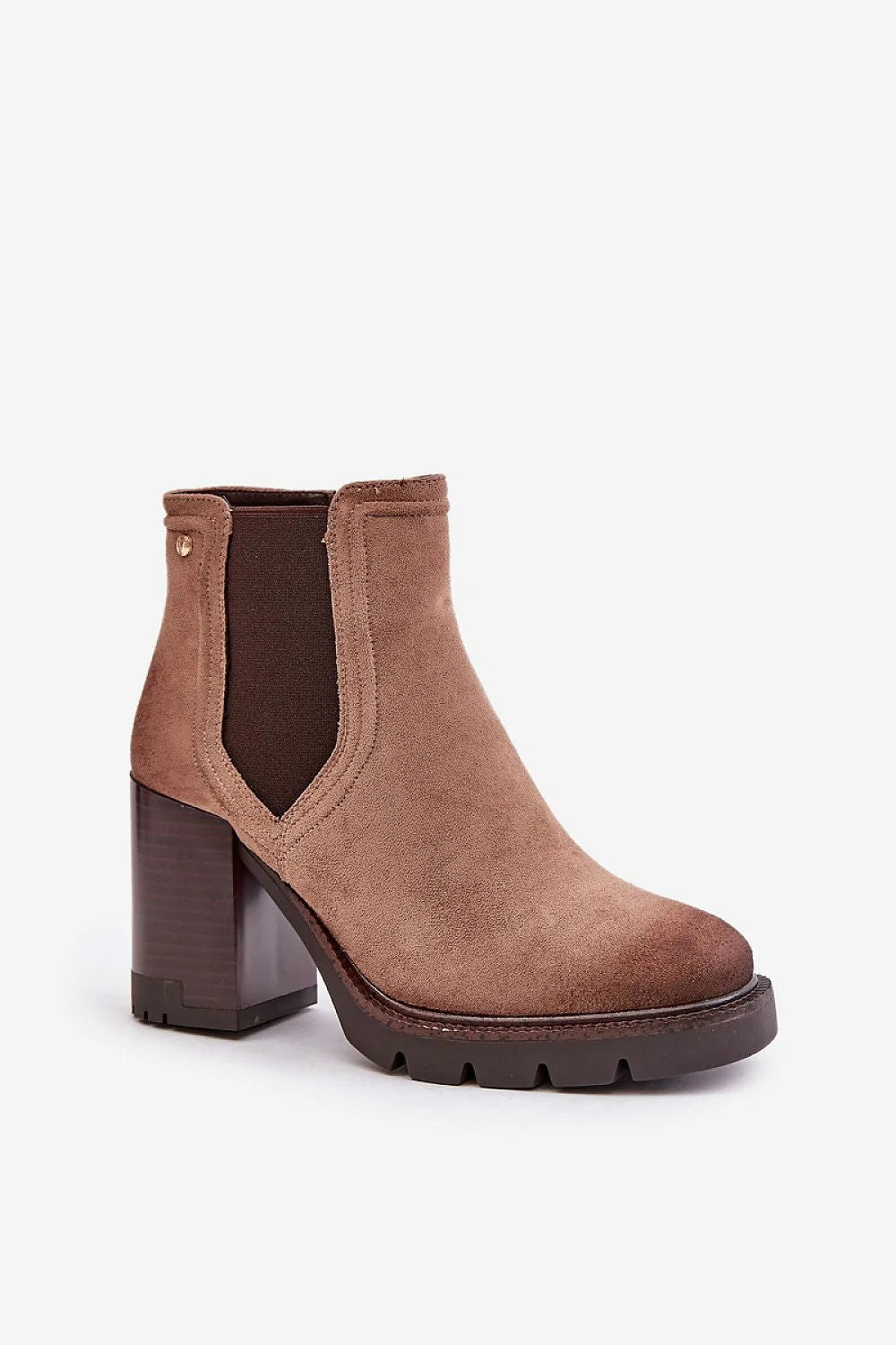 Bottes à talons écolabellisées en suédine taupe Chelsea élastiques fermeture glissante or talon bloc 7-8cm coupe cheville occasionnelles
