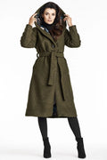 Manteau élégant pour femmes vert olive col châle capuche laine bouclée Awama longueur mi-mollet ceinture fermeture boutons