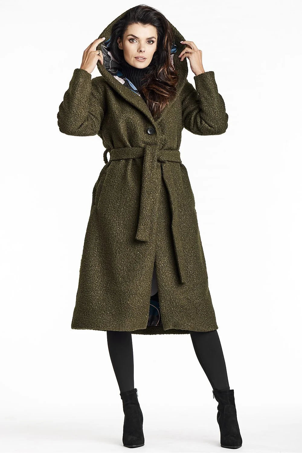 Manteau élégant pour femmes vert olive col châle capuche laine bouclée Awama longueur mi-mollet ceinture fermeture boutons