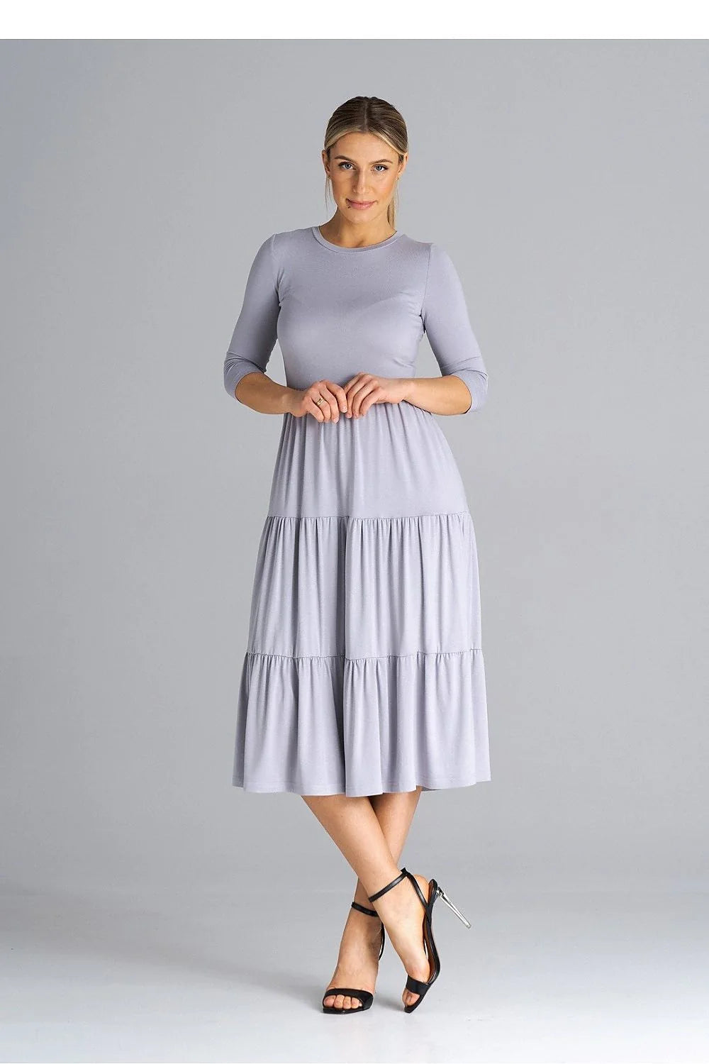 Robe de jour élégante couleur gris clair manches 3/4 encolure ronde plis à la taille robe midi A-line polyester elasthanne femme