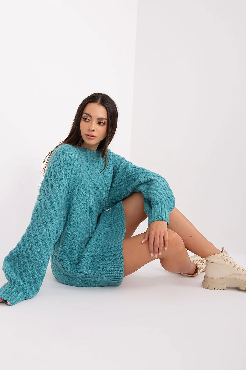 Pull long femme turquoise motif torsadé maille irlandaise manches longues col rond poignets côtelés laine mélange