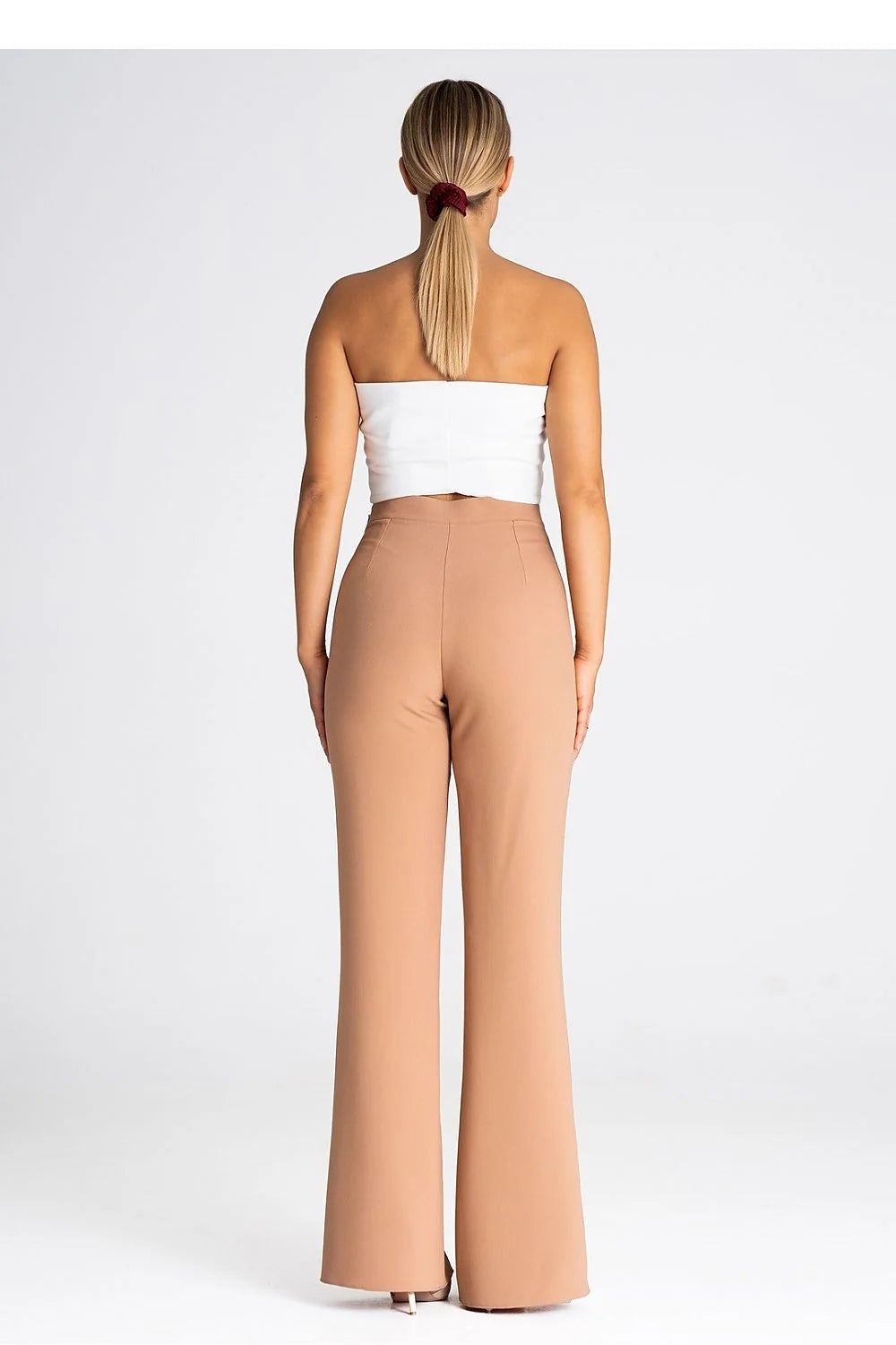 pantalon femme Figl élégant long beige camel taille haute coupe évasée fente ourlet couture centrale stretch minimal chic