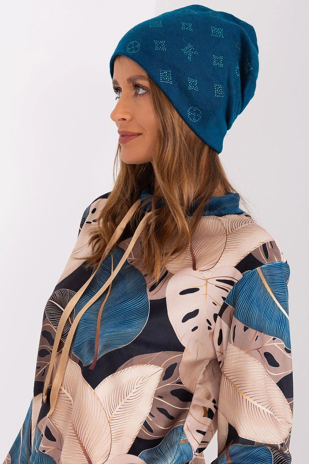 Bonnet d'hiver en cachemire pour femme bleu turquoise motifs géométriques strass acrylique coton doux chaleureux style décontracté