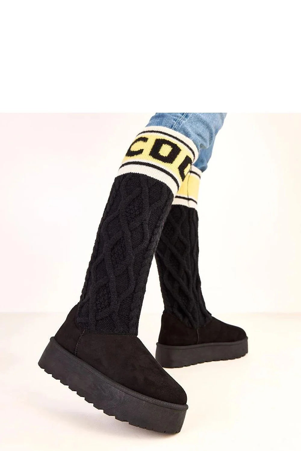 bottes neige femme tige40cm cuir écologique suédine noires maille torsadée bandeécrujaune côtelée boutrond plateforme5cm semellecrantée isolationthermique confortables élégantes