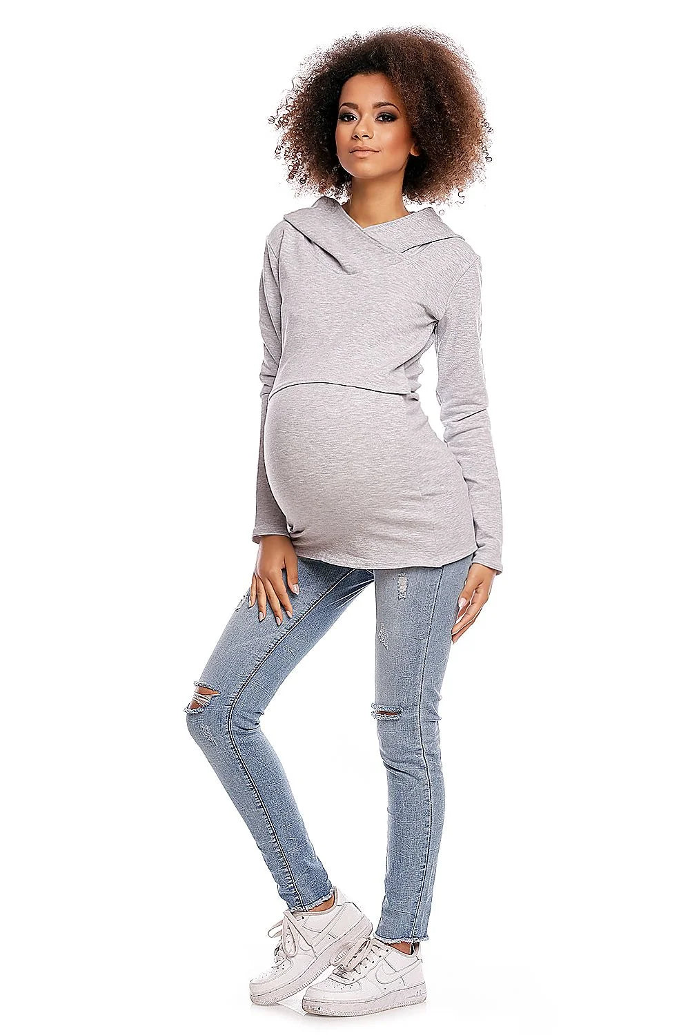 Sweatshirt maternité coton col drapé élégant confortable bleu clair pour futures mamans mode pratique