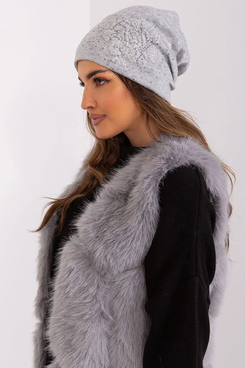 Bonnet et veste sans manches hiver femme élégant moderne motif floral sequins acrylique coton cachemire grise douce ajustée fourrure synthétique