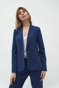 blazer femme cintrée tailleur monoplace bleu marine col cranté manches longues poches passepoilées doublée polyester viscose