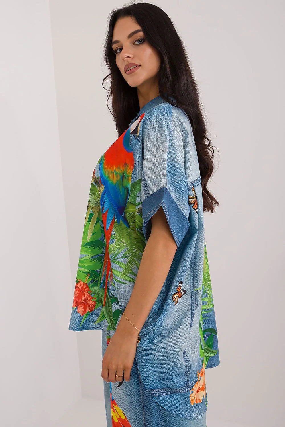 ensemble femme tropical printanière haut oversize col chemise manches courtes pantalon palazzo taille haute coupe ample imprimé perroquet multicolore polyester