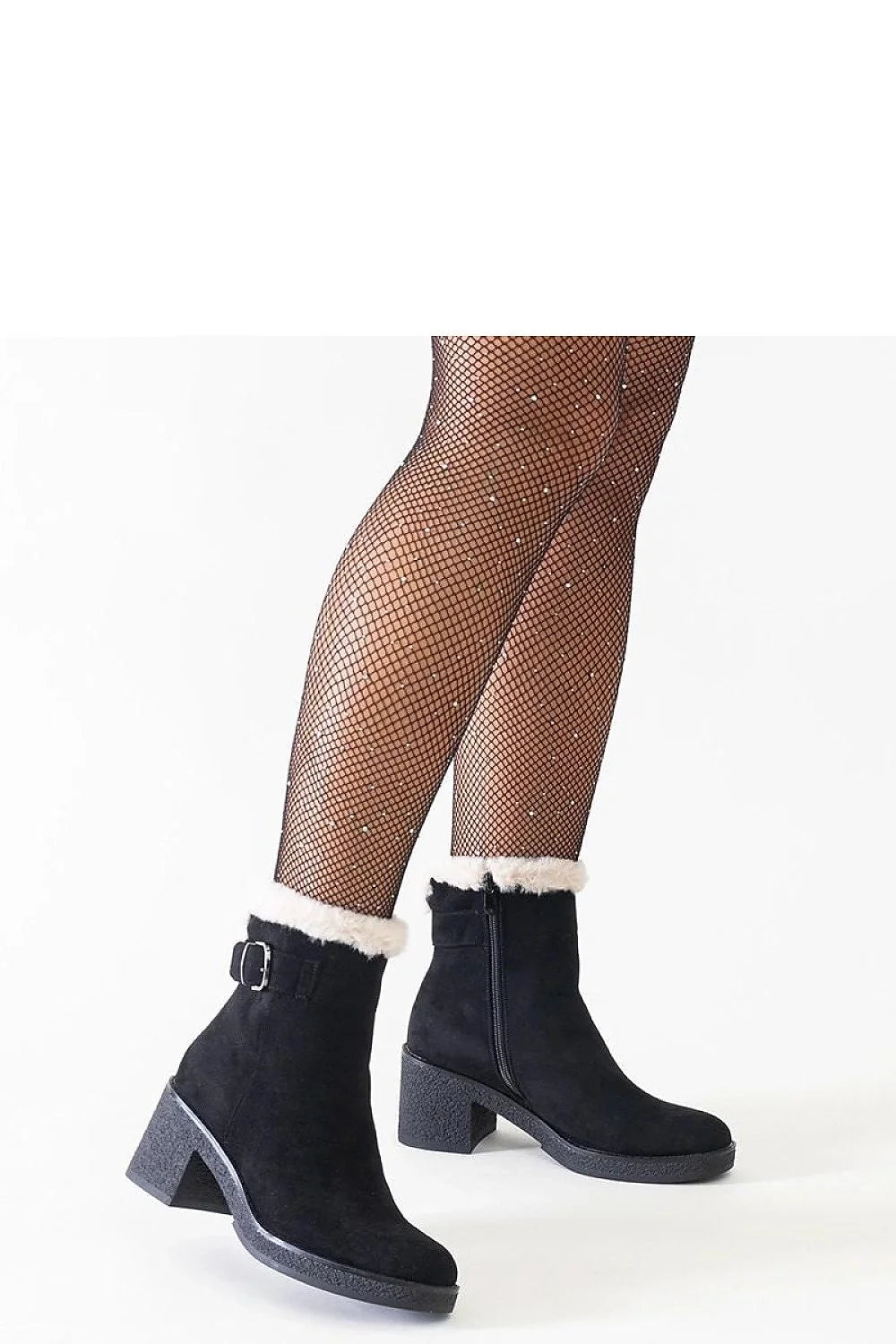bottes suédine noire fourrure blanche talon carré moyen bout amande cheville ajustée semelle crantée antidérapante élégante