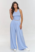 Ensemble Makadamia pour femme, haut à bretelles et pantalons larges, style décontracté, couleur bleu pastel, viscose légère, occasion détendue