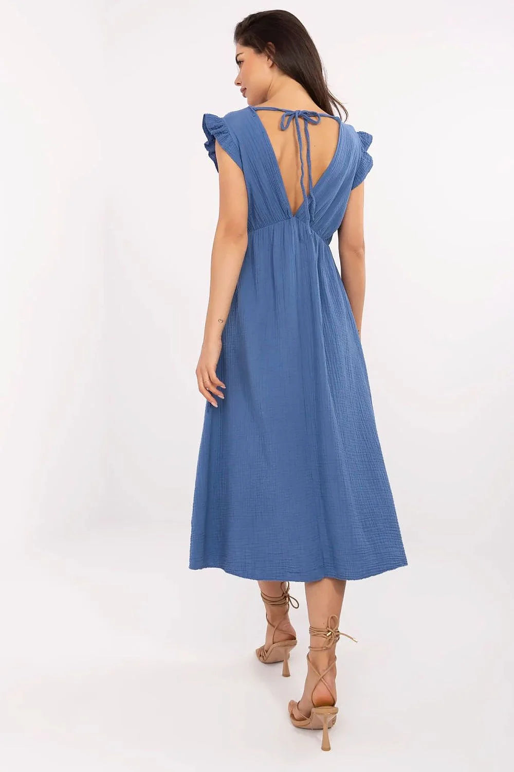 Robe de jour Italy Moda en mousseline bleu vif manches courtes volants encolure V longueur midi