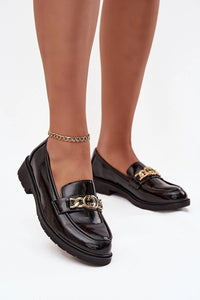 mocassins femme SBarski simili cuir verni noirs bout rond plateforme crantée semelle plantaire souple chaîne dorée confortable classique chic