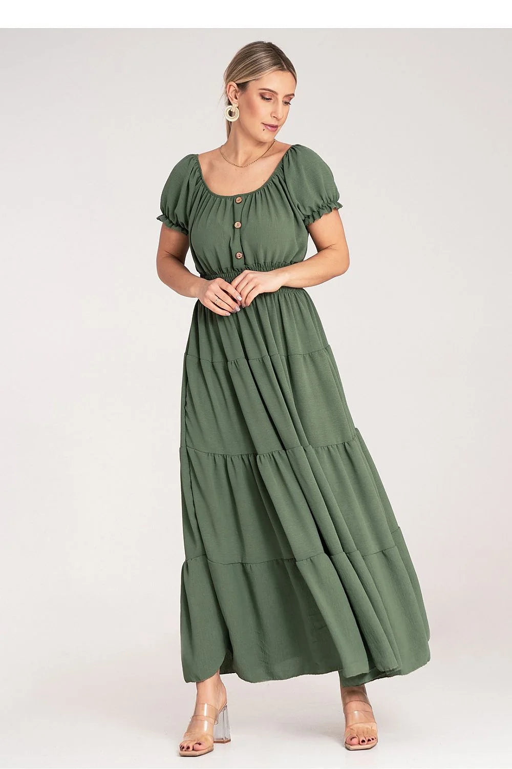 Robe bohème longue vert olive en tissu léger manches bouffantes encolure bardot élastique taille ajustable pour femme