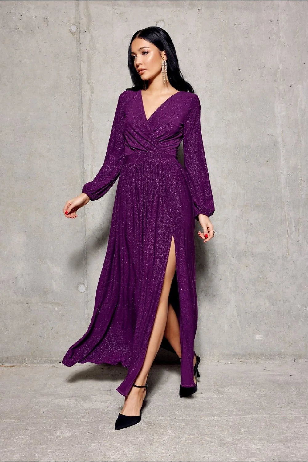 Robe longue élégante pour soirée en tissu scintillant V-décolleté manches longues ceinture ajustable couleur pourpre femme