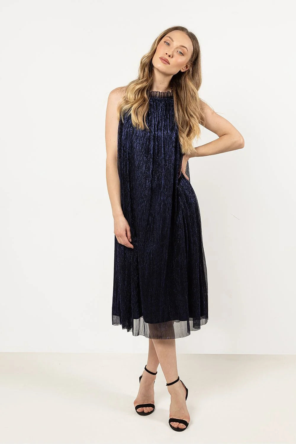 Robe de soirée élégante sans manches en polyester bleu marine plissée ceinture taille ajustable femme