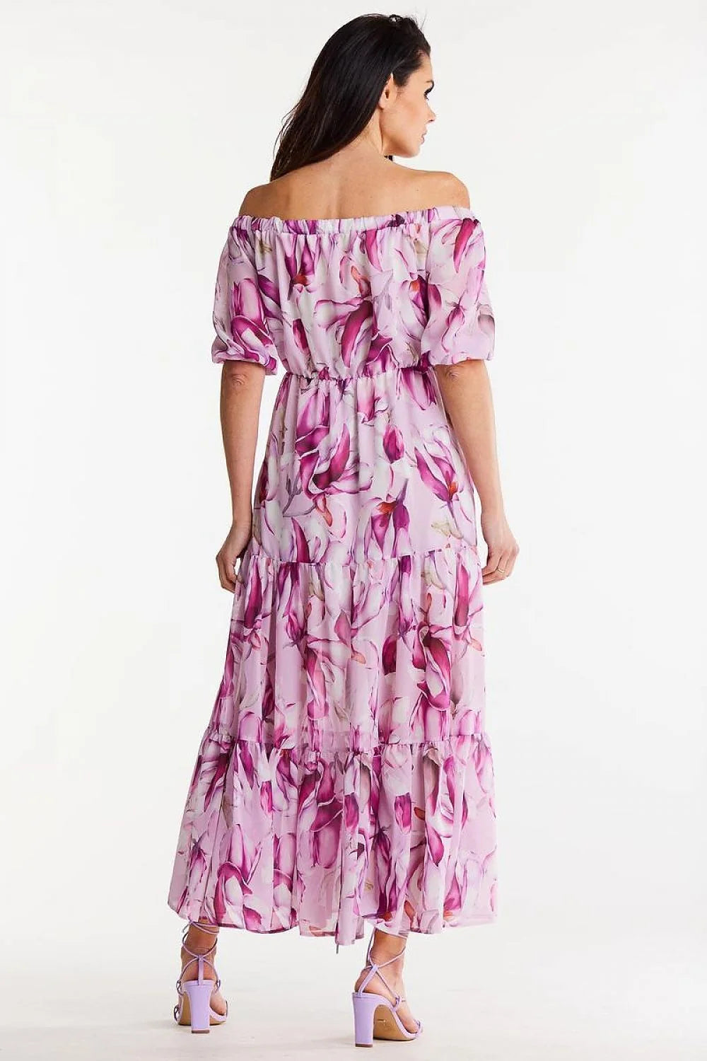 Robe longue bohème chic imprimé floral rose violet Bardot manches 3/4 élastique taille ajustable femme polyester