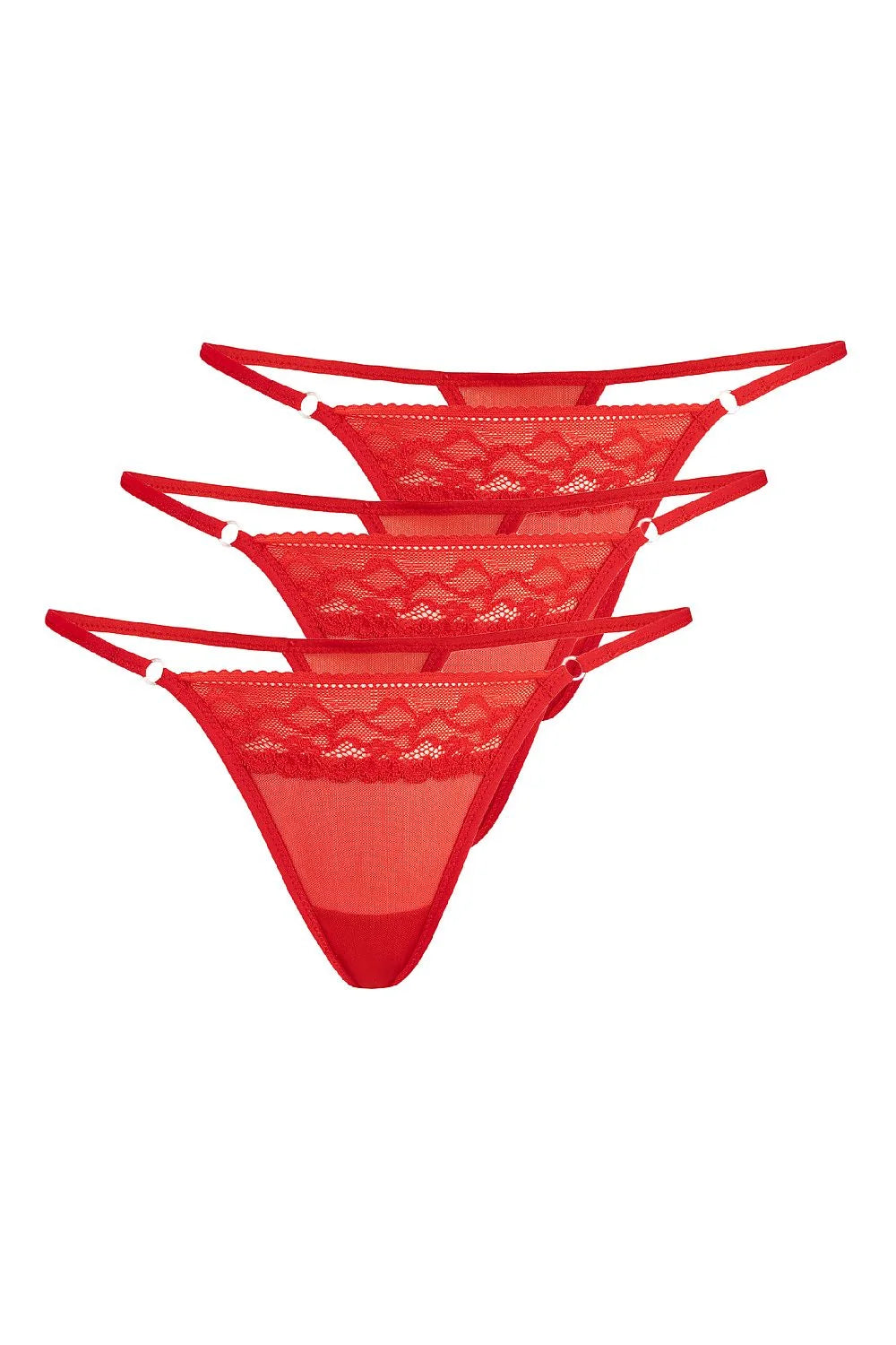 lot trois tangas string femme rouge vif tulle mesh transparent dentelle florale bordure festonnée sensuelle taille basse