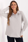 polo femme coton élasthanne maille gaufrée texturée thermique col polo patte trois boutons manches longues épaules tombantes oversize