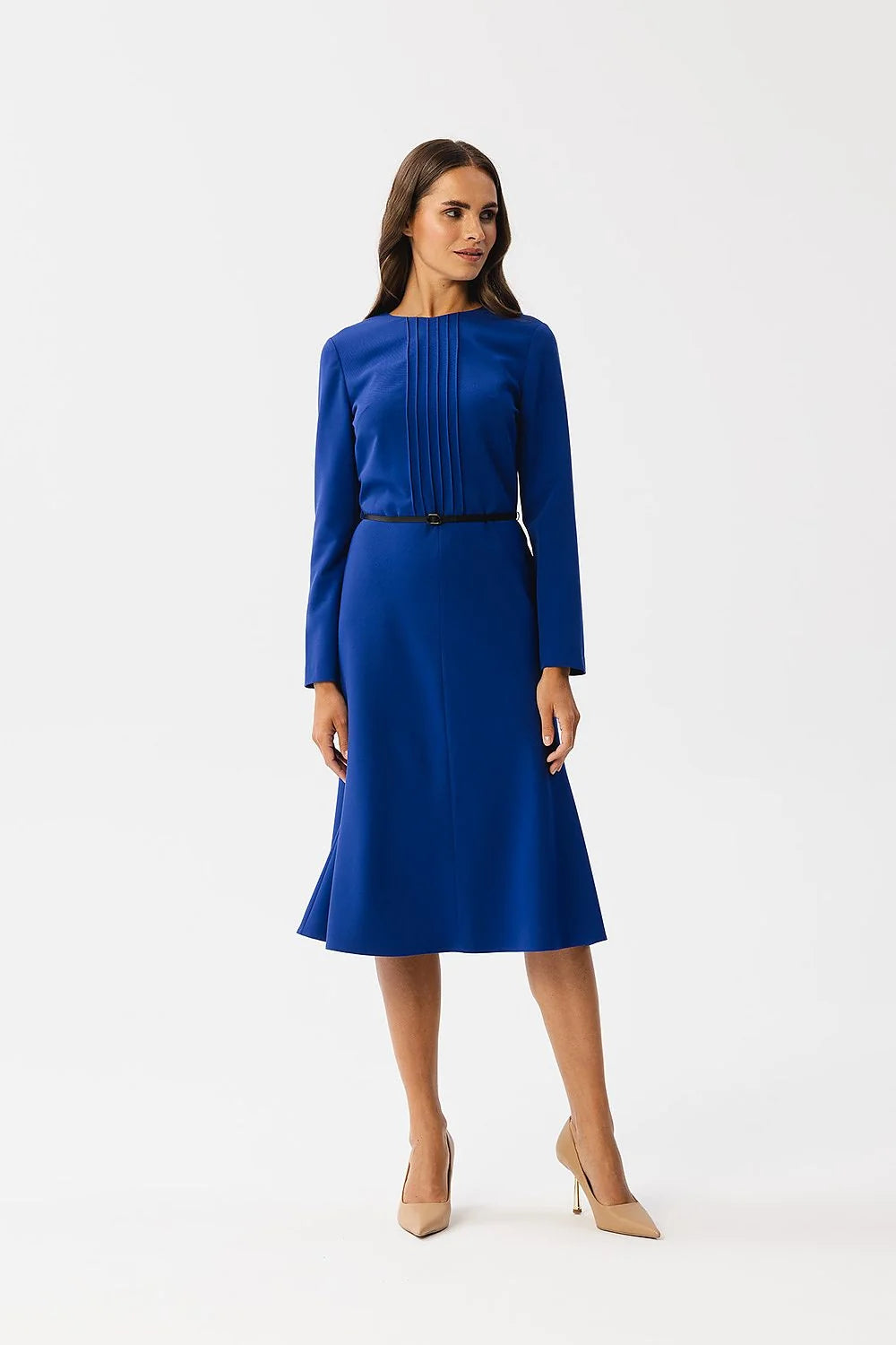 Robe élégante couleur bleu roi style intemporel manches longues ceinture noire taille ajustable femme