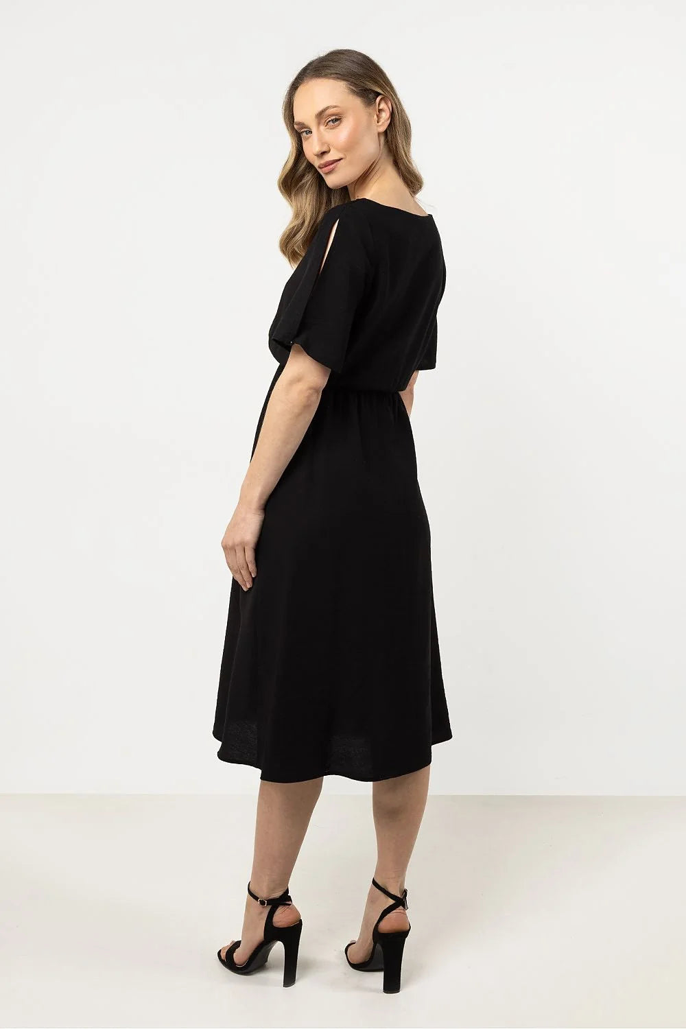 Robe de jour classique loose cut élastique taille manches courtes épaules fendues neckline bateau noir rayon nylon taille ajustable femme