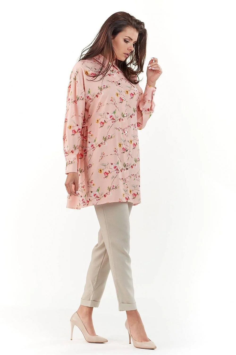 ensemble tunique pantalon floral rose pale polyester manches longues coupe droite semiformelle fluide doux col chemise mi cuisse