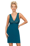 nuisette élégante sans bretelles dentelle florale bleu canard empire taille ajustable bande élastique maintien fluide extensible soyeuse courte mi cuisse