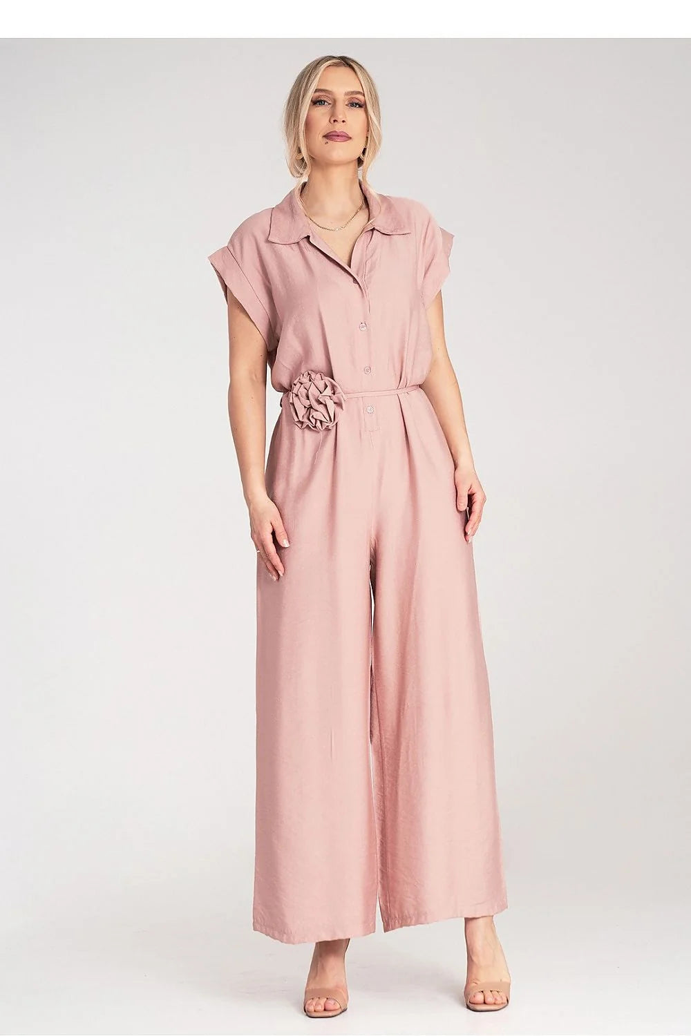 Combinaison Figl féminine chic élégante en viscose 100% coupe ample manches courtes col revers ceinture fleurée taille ajustable longueur 140cm