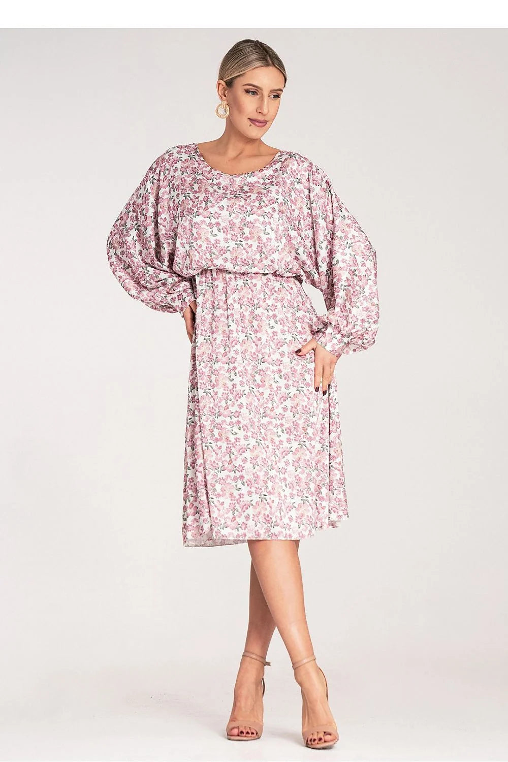 Robe de jour floral midi kimono longues manches amples tissu fluide stretch femme