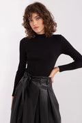 Ensemble élégant pour femme chemisier manches longues col montant jupe mi-longue évasée similicuir noir