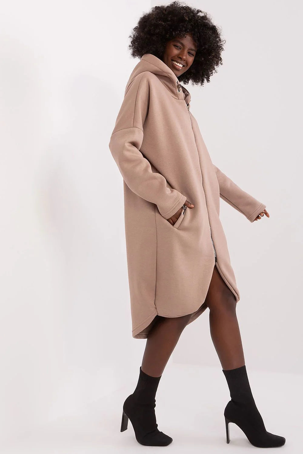 Sweatshirt longue pour femmes style décontracté capuche fermeture éclair tissu molletonnée beige