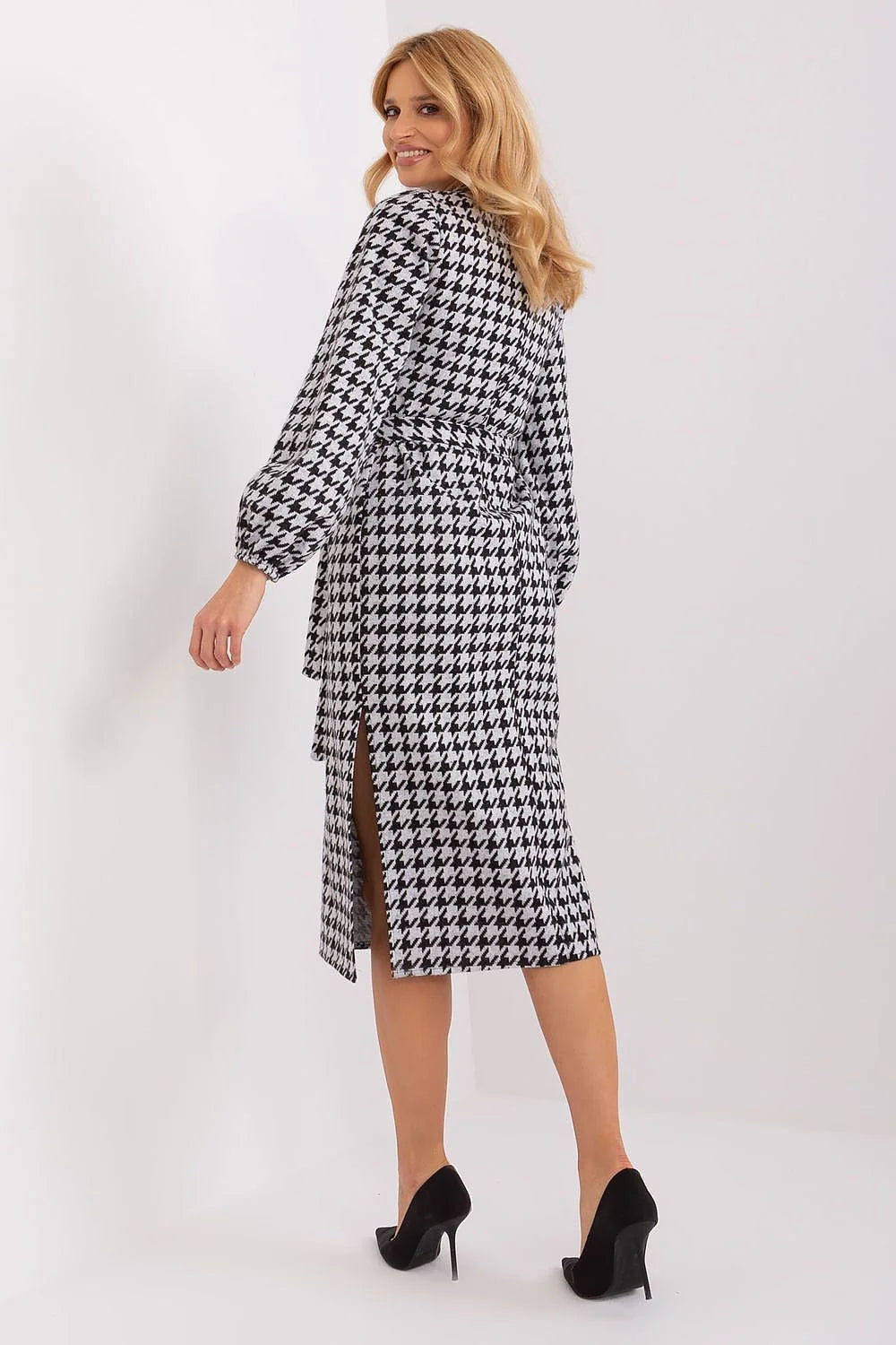 Robe de jour féminine houndstooth noir et blanc manches longues taille ajustable coton élasthanne