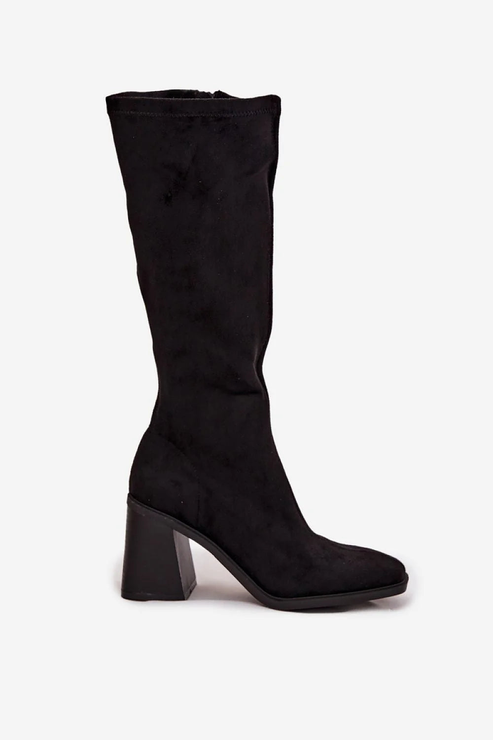 bottes femme suédine noire montantes tige haute genou zippées talon bloc massif colonne stable bout effilé
