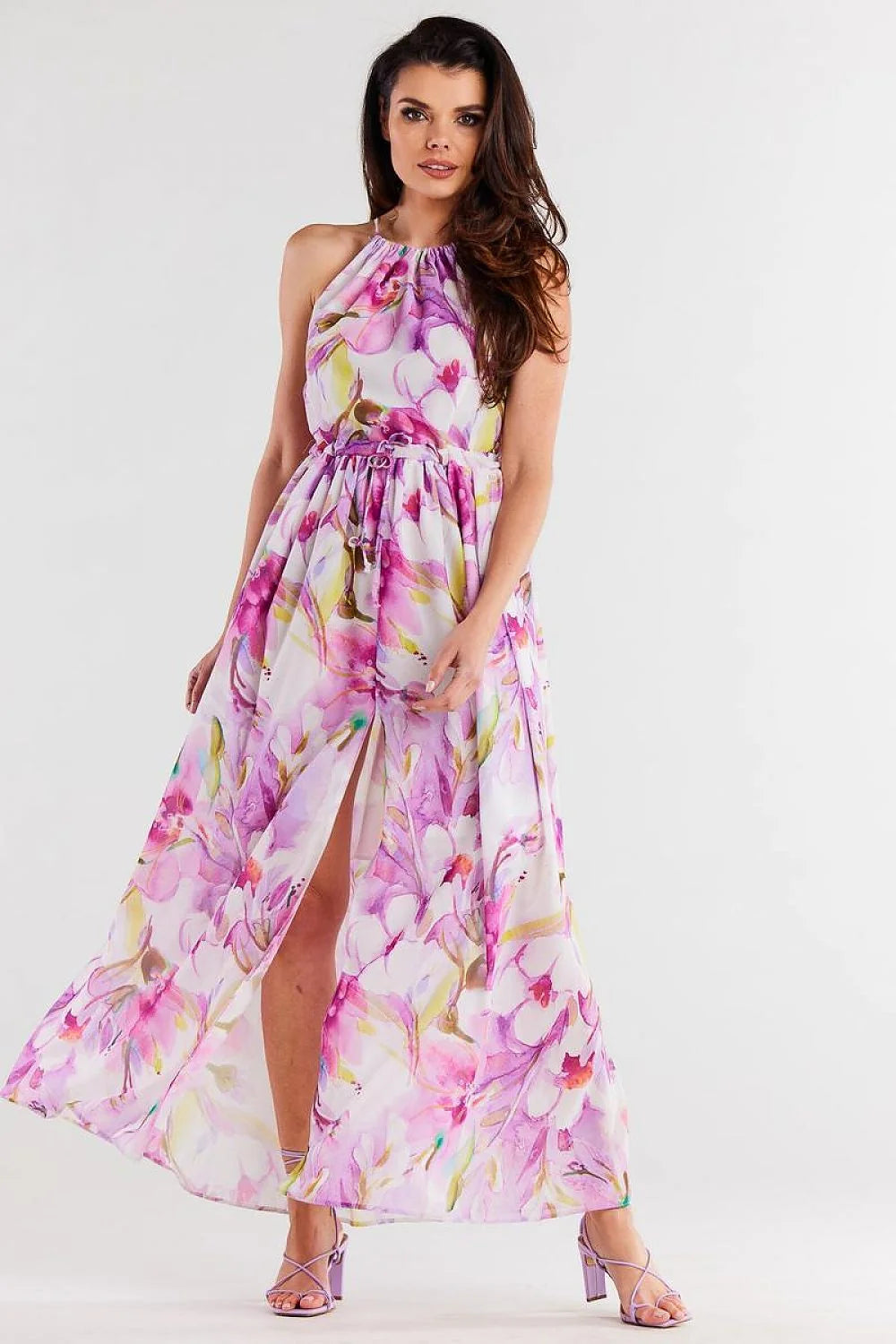 robe longue mousseline légère fluide imprimé floral aquarelle rose lilas taille cintrée lien coulissant bretelles nouées fente centrale asymétrique