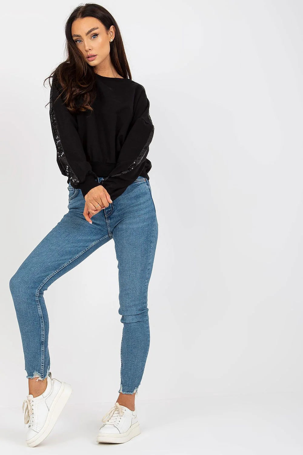 sweatshirt femme casual chic bleu marine manches longues col rond oversize bandes paillettes viscose élasthanne confort